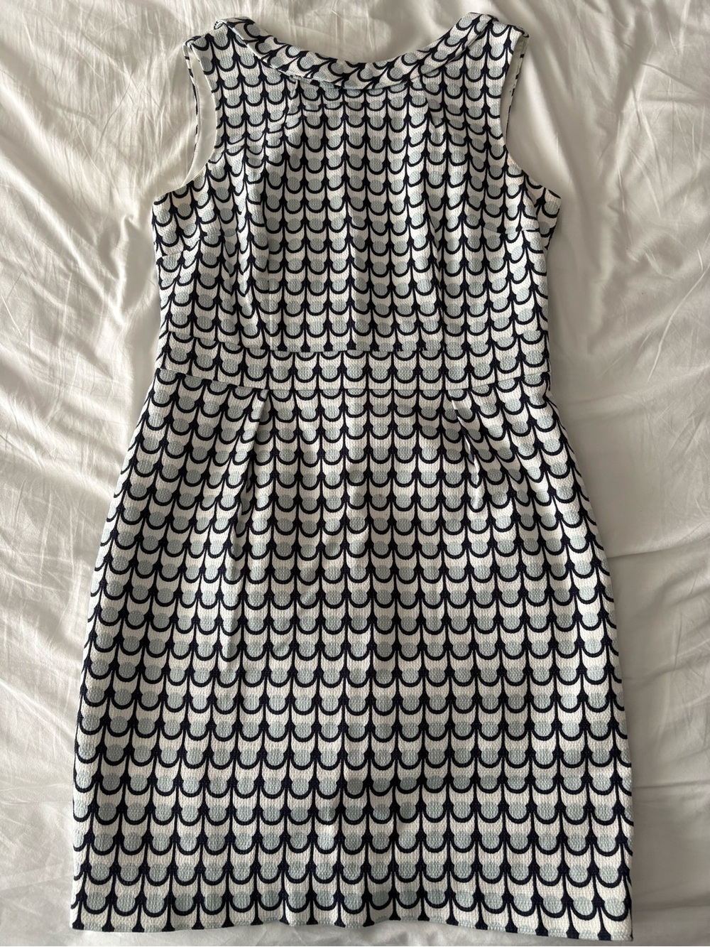 Boden Navy and White Sleeveless Boat Neck Scallop Sheath Dress